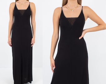 90s Y2K Slinky Black Maxi Dress with Mesh Party Evening Sexy - Size XS/S