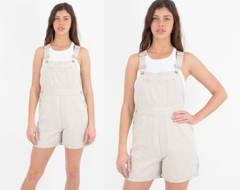 90s 1990s Beige Neutral Natural Linen Overalls Dungarees | Spring Summer Overalls | Womens Ladies Girls Short Boho Bohemian - Size M