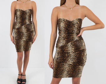 Strapless Sexy Leopard Print Sequin Mini Dress Party Evening Bodycon  - Size S