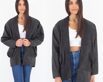 80s 1980s Black Leather Jacket Coat | Oversized Slouchy Winter Batwing | Genuine Real Leather | Unisex Mens Womens Ladies - Size S/M/L
