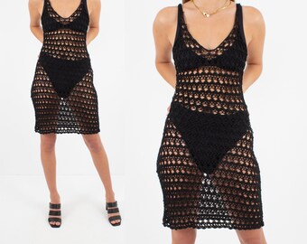 70s 1970s Sheer Black Crochet Lace Midi Dress | Stretchy Dress | Cocktail Party Evening Formal Prom Dress - Size XXS/XS/S