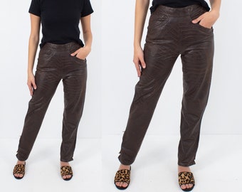 Brown Snakeskin Embossed Genuine Leather High Waist Pants - Size XS / 25"