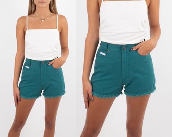 90s 1990s Green Denim Shorts | High Waist Shorts | Summer Shorts | Womens Ladies Girls Denim Shorts - 2 Sizes XS + S