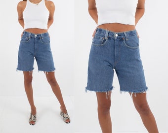 90s 1990s Blue LEVIS Denim Shorts | Long Shorts | Mid Blue Denim | Cut Off Shorts | High Waist Shorts - Size XS / 24&quot;