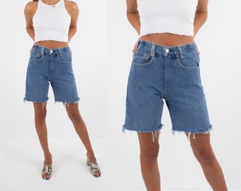 90s 1990s Blue LEVIS Denim Shorts | Long Shorts | Mid Blue Denim | Cut Off Shorts | High Waist Shorts - Size XS / 24"