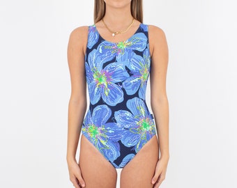 80s/90s ELLESSE Blue Floral Sexy One Piece Swimsuit | Swimwear Swim Bathers Bathing Suit | High Cut | Cheeky - Size Fits XS S