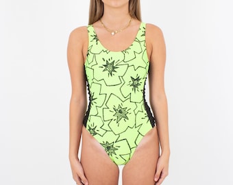 80s/90s Neon Yellow with Black Flowers Sexy One Piece Swimsuit | Swimwear Swim Bathers Bathing Suit | High Cut | Cheeky - Size Fits XS S