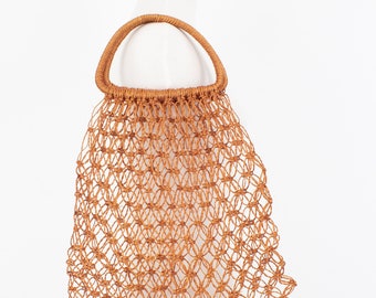 70s 1970s Style Burnt Orange Macrame Crochet Woven Hand Made Jute Shoulder Boho Bohemian Hippie Bag | Womens Ladies Summer Market Festival