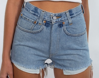 Vintage 90s Blue Levis High Waist Cut Off Denim Shorts | 10 Sizes | 23&quot; 24&quot; 25&quot; 26&quot; 27&quot; 28&quot; 29&quot; 30&quot; 32&quot; 33&quot;