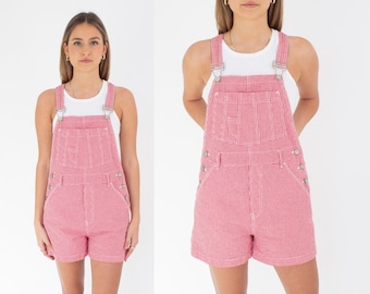 90s 1990s Gingham Red & White Check Denim Cotton Short Overalls | Spring Summer Dungarees | Womens Ladies Girl Shorts - 4 Sizes XS, S, M + L