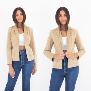90s / Y2K TAN BEIGE Blazer de cuero de gamuza / Short cropped tailored / Casual Work Office / Minimalist Quality Designer Ladies Jacket - Size XS