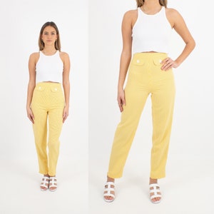 90s 1990s Yellow & White Gingham Check Pants Trousers | Plaid Trousers | High Waist | Tapered Leg | Womens Ladies Girls - 2 Size XS + M