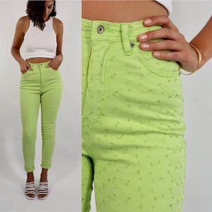 Vintage 80s 90s Lime Green High Waist Stretch Cotton Pants | Size XS/S | Au/Uk 6-8 | US 2-4