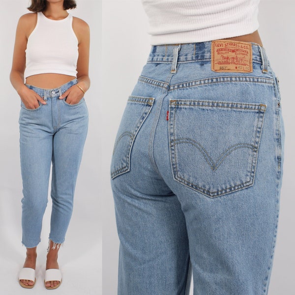 Vintage 90s Blue Levis High Waist Jeans Tapered Slim Fit Cropped Leg Raw Hem | 7 Sizes | 23” 24” 25” 26” 27” 28” 29”