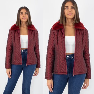 Y2K 00s Millenial Maroon Metallic Quilted Jacket with Faux Fur Collar - Size S