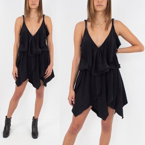Black Silk Layered Mini Dress Blouse Shirt Dress - Size Fits XXS/XS/S/M
