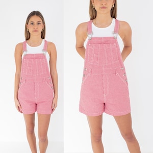 90s 1990s Gingham Red & White Check Denim Cotton Short Overalls | Spring Summer Dungarees | Womens Ladies Girl Shorts - 4 Sizes XS, S, M + L