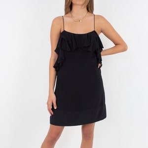 Black Silk Mini Dress with Ruffled Layer | Pure Silk Dress | Silk Slip Dress | Evening Party Formal Prom Cocktail Dress - Size XS/S
