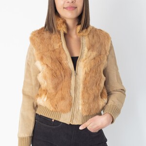 70s Tan Suede & Fur Bomber Jacket - Size XS/S