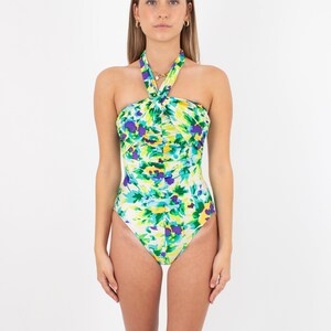 80s/90s Green Floral Halter Sexy One Piece Swimsuit | Swimwear Swim Bathers Bathing Suit | High Cut | Cheeky - Size Fits XS S