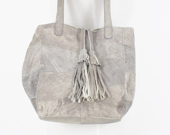 80s 1980s Light Grey Acid Stone Wash Patchwork Leather Shoulder Bag with Tassels | Womens Ladies Boho Tote Shopper Hobo | Genuine Leather