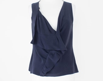 Midnight Navy Sleeveless Womens Silk Blouse | Summer Elegant Office Top Shirt Frill Pleat Twist NEW, Unworn | Pure Silk | 3 Sizes - XS, S, M