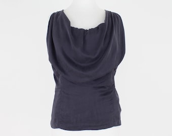 Midnight Navy Cowl Bubble Neck Sleeveless Womens Silk Blouse | Summer Elegant Office Top Shirt NEW, Unworn | Pure Silk | 3 Sizes - XS, S, M
