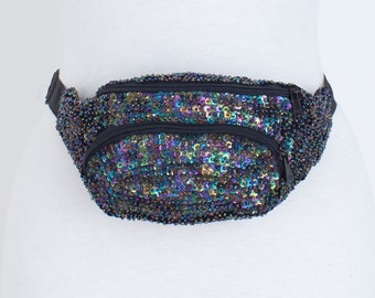 Petit sac banane années 80/90 à sequins irisés | Unisexe Hommes Femmes | Ceinture taille hanches bandoulière Sac à main Festival Rave Party