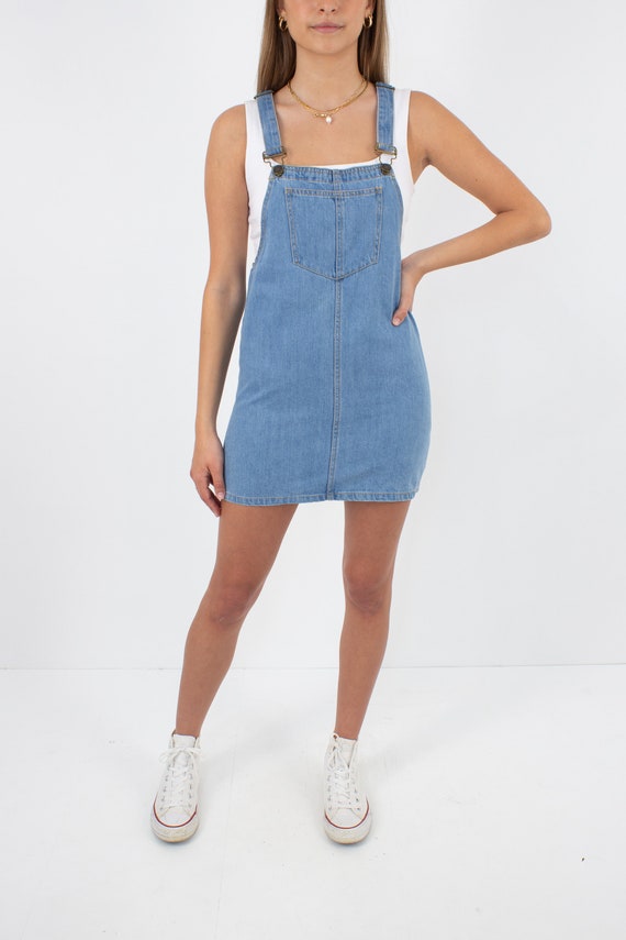 90s Blue Denim Overall Mini Short Dress ...