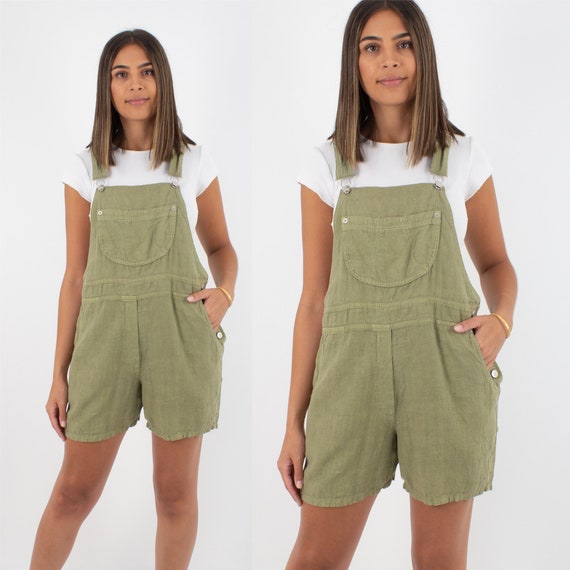 90s 1990s Olive Khaki Green Pure Linen Short Overa