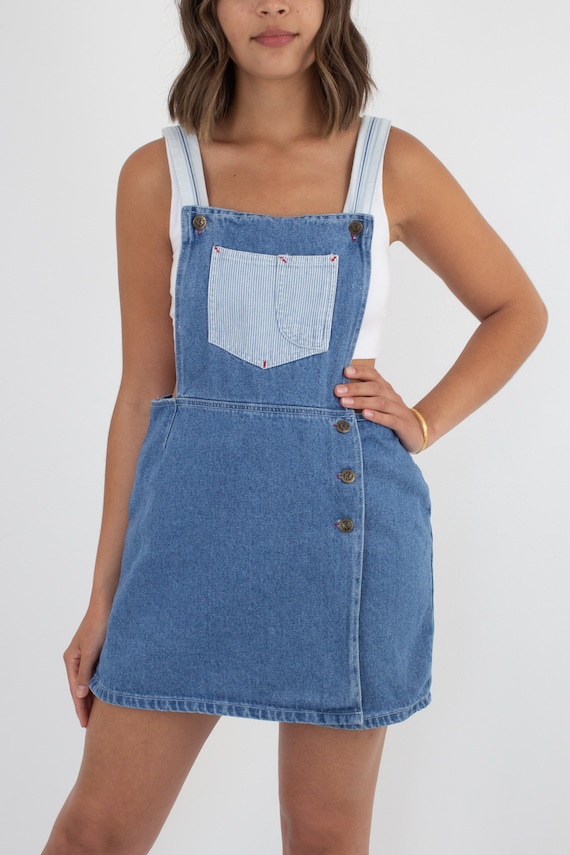 90s Womens Girls Blue Denim Short Cotton Denim Overalls Dress Size M