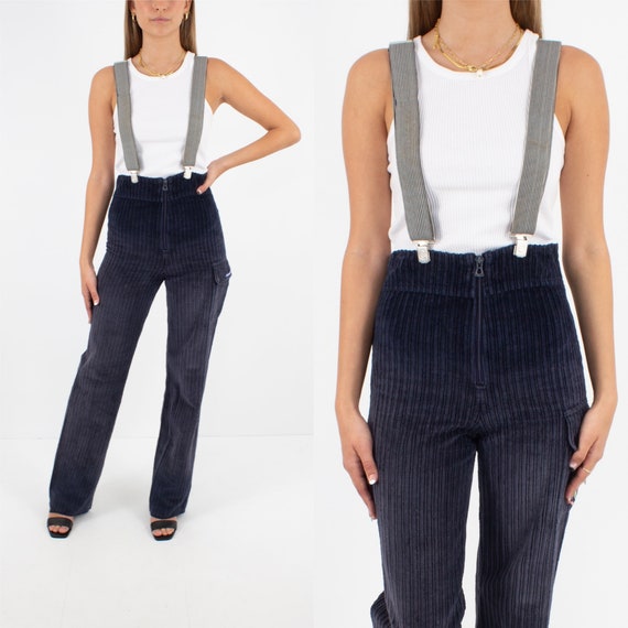70s 1970s Navy Blue Stretch Cord Suspender Workwea