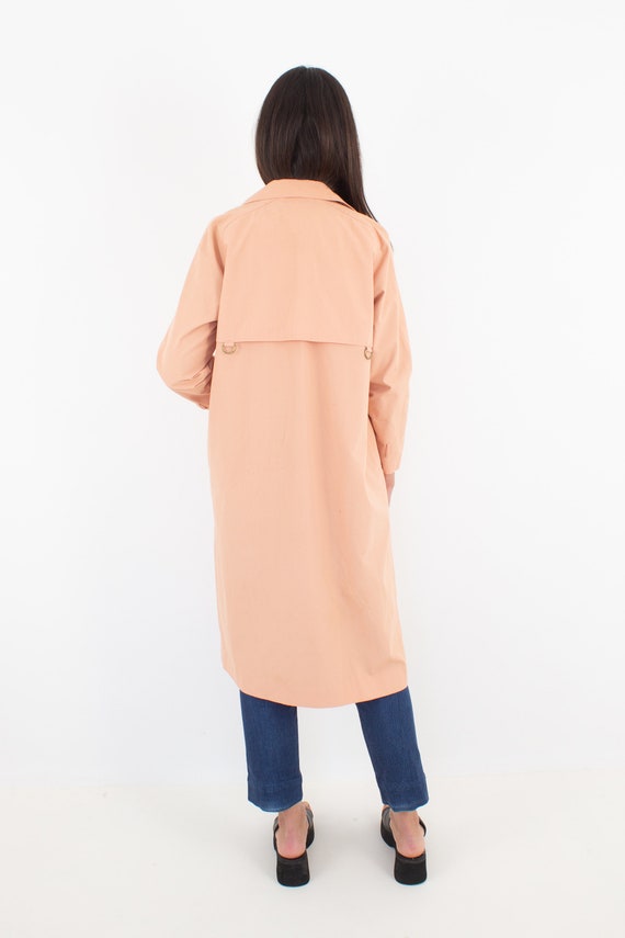 70s 1970s Pink Peach Trench Coat Jacket Double Breasted Button Up Duster Rain Coat Long Knee Length Womens Ladies Girls Size S M