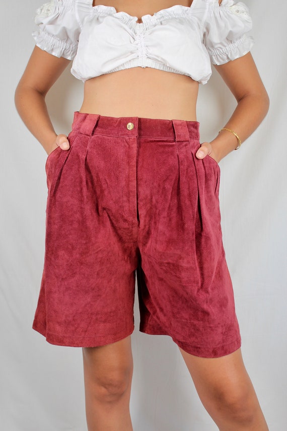 Vintage High Waist Dark Red Suede Leather Bermuda… - image 3