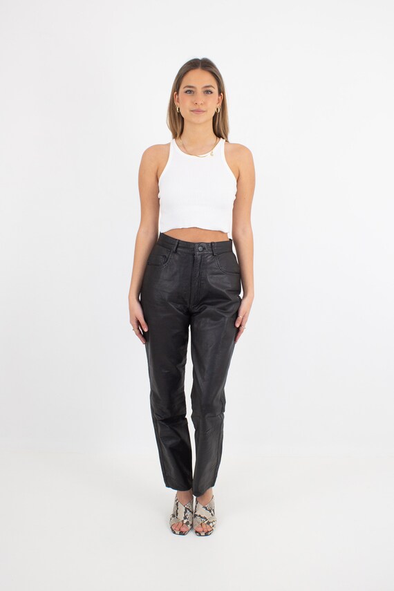 Black Leather Pants | High Waist Rise Leather Tro… - image 4