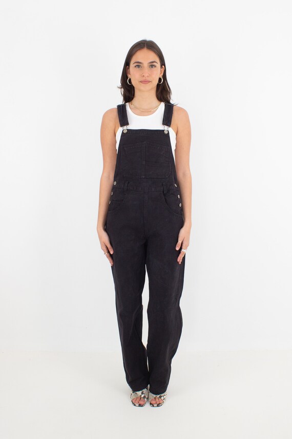 90s 1990s Long BLACK Denim Overalls | Unisex Mens… - image 4