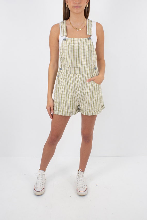 90s Green & Brown Check Cotton Denim Short Overall