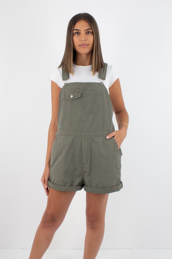 90s 1990s Khaki Green Short Denim Cotton Overalls… - image 2