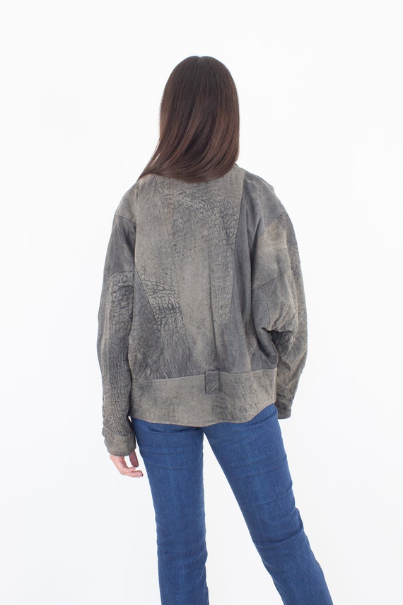 80s 1980s Grey Stonewash Leather Jacket Coat | Ov… - image 6