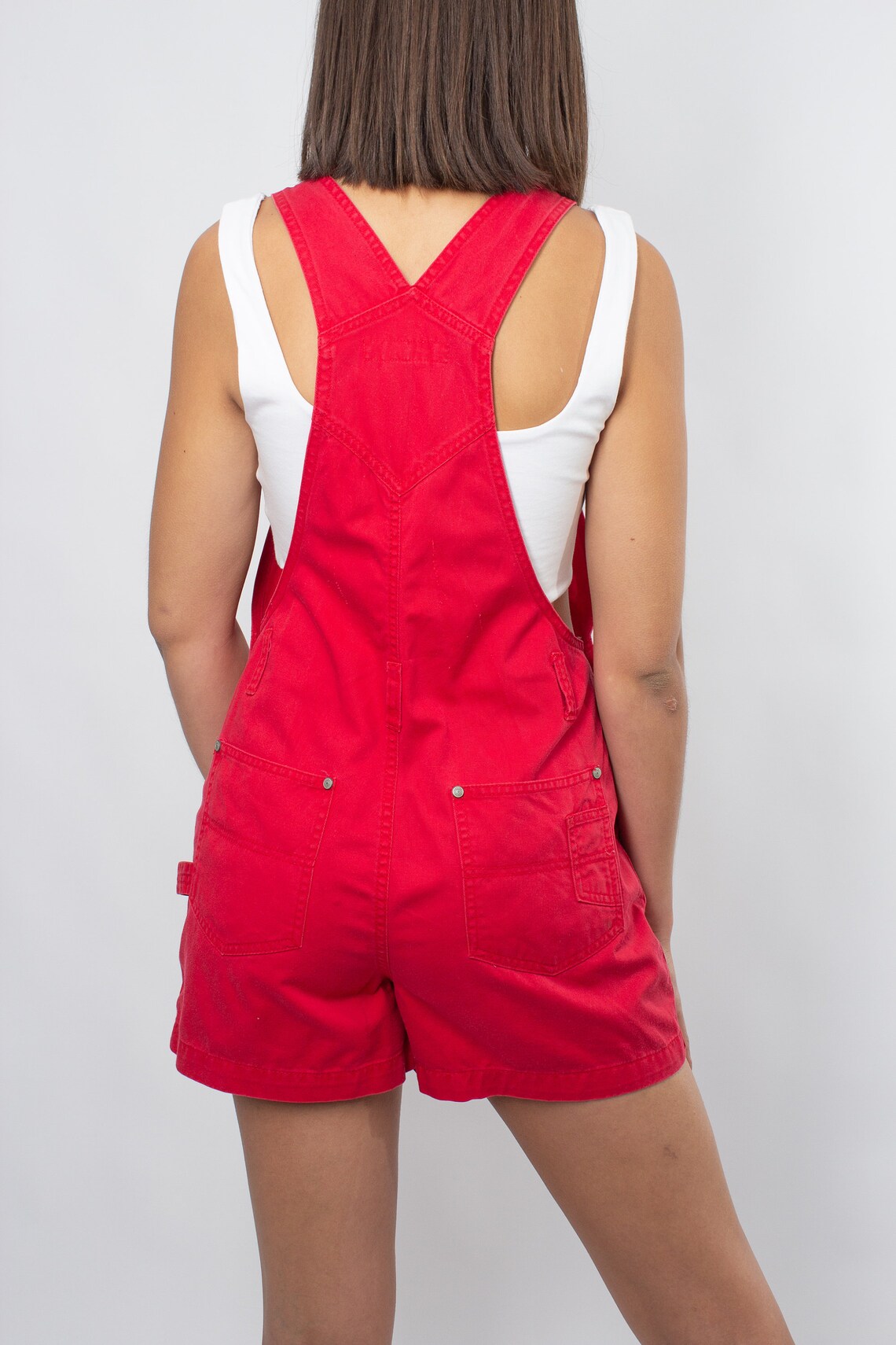 90s 1990s Red Denim Short Overalls Cotton Overalls Womens Etsy