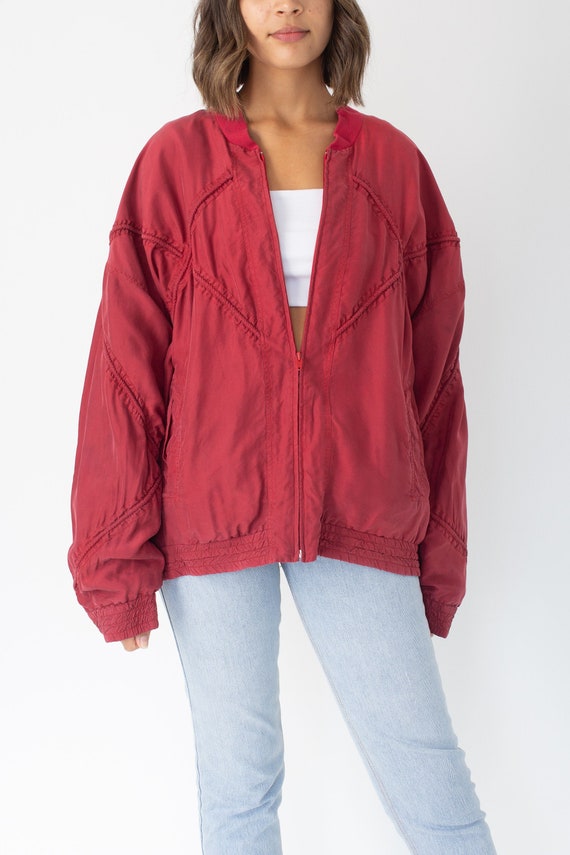Red Pure Silk Bomber Jacket Unisex Womens Mens - F
