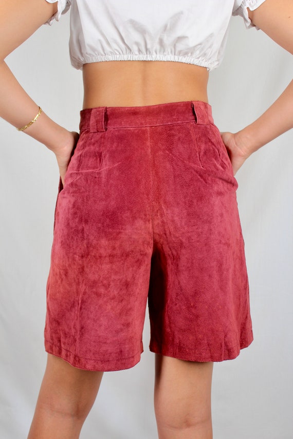 Vintage High Waist Dark Red Suede Leather Bermuda… - image 8