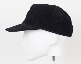 Vintage Deadstock 90s 1990s Blank Black Suede Baseball Cap | Unisex Mens Womens Hat | Genuine Leather | One Size Fits Most - Size 57