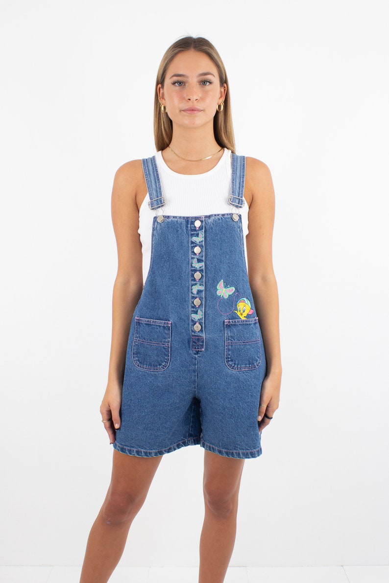 90s 1990s Tweety Bird Short Blue Denim Cotton Overalls Official Looney Tunes Womens Ladies Girls Denim Overalls Dungarees Size XS/S image 2