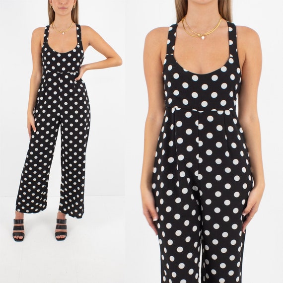 90s 1990s Black & White Polka Dot Jumpsuit Pantsui