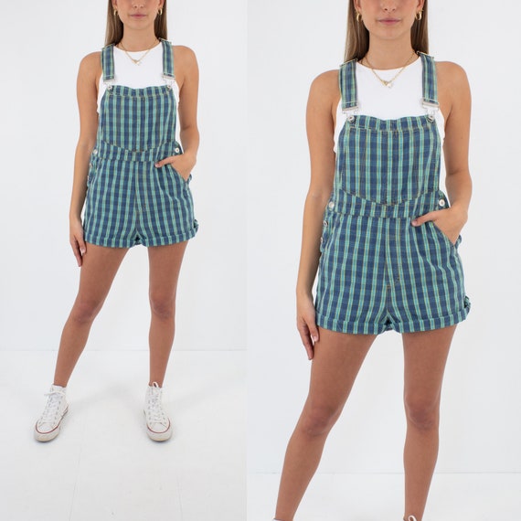 90s 1990s Blue & Green Check Short Denim Overalls