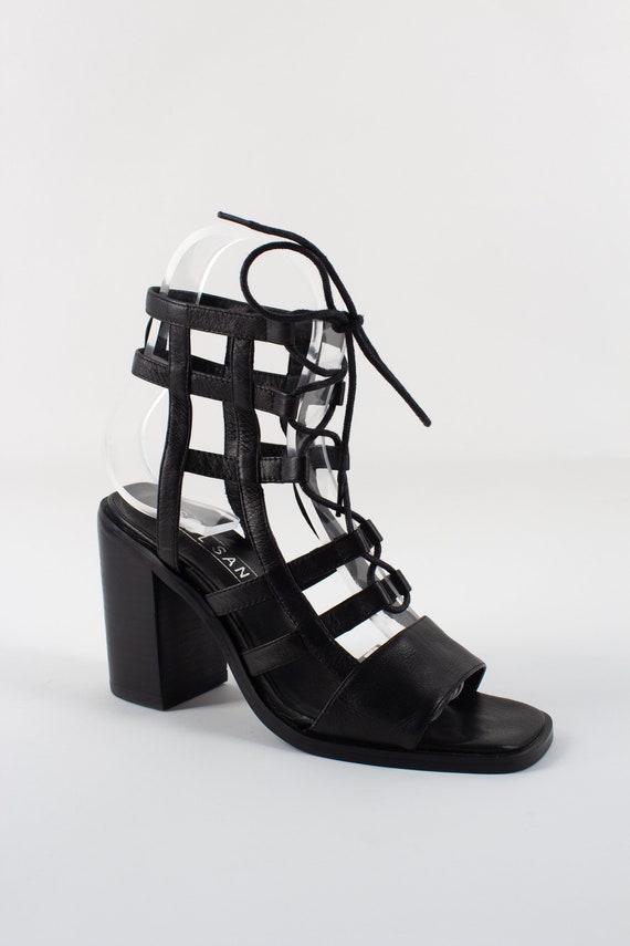 Vintage 90s Style Black Leather Strappy Sandals H… - image 3