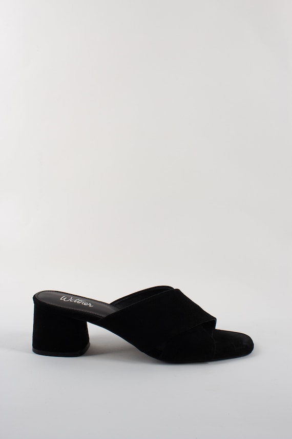 Vintage 90s Black Suede Leather Mules Kitten Heel