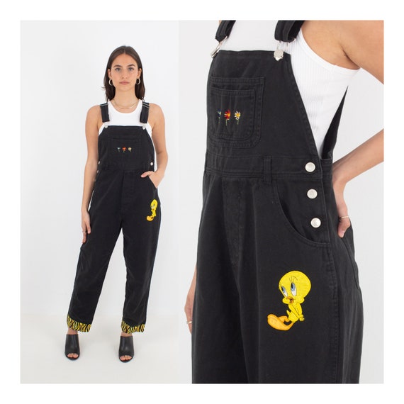 90s Tweety Bird Looney Tunes Long BLACK Denim Ove… - image 1