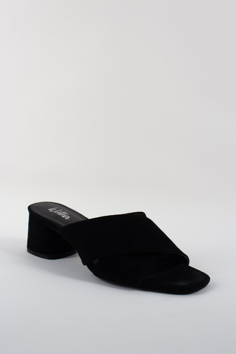 Vintage 90s Black Suede Leather Mules Kitten Heel Sandals Slip Etsy